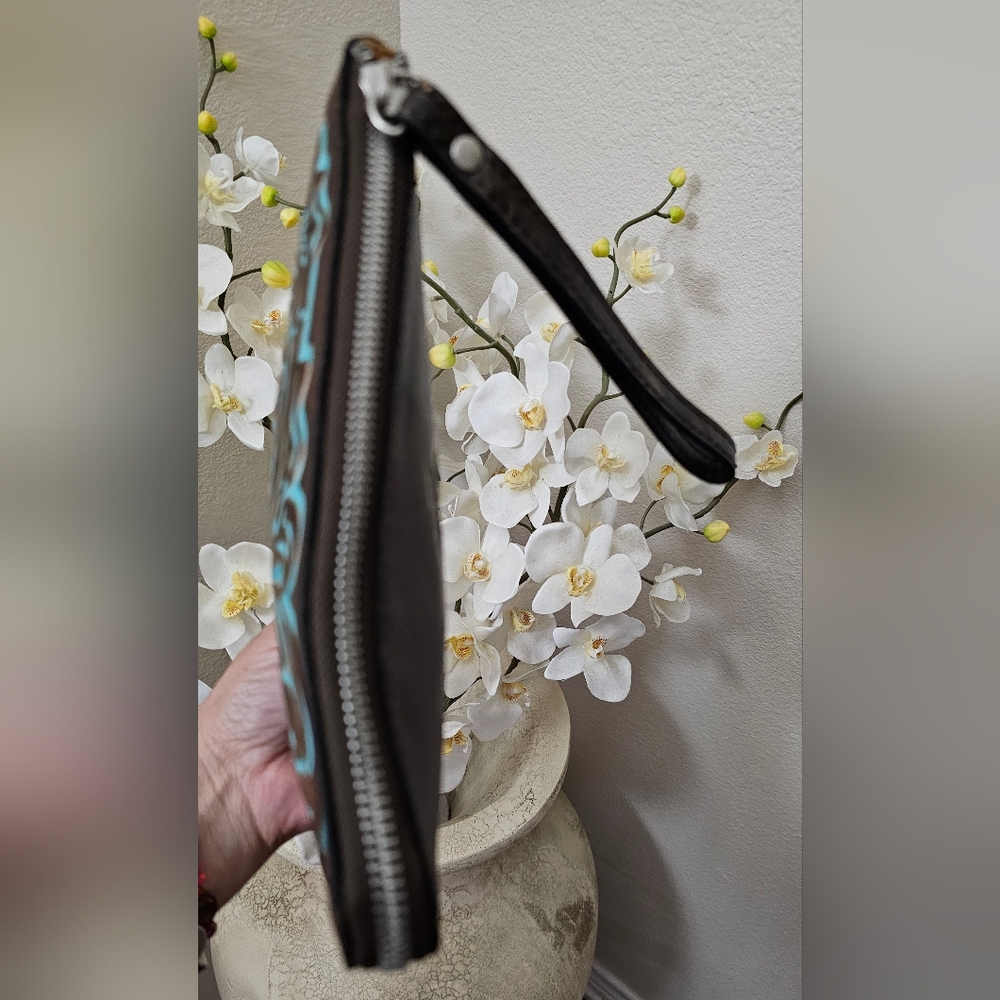 Patricia Nash Leather Large Slim Wristlet Clutch Dark Brown Tooled Turquoise EUC - Picture 8 of 16